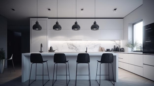 Cucina moderna in stile scandinavo minimalista, barra lunga con finitura liscia bianca e sgabelli da bar spettacolari