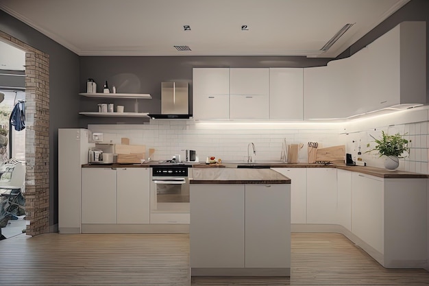 cucina moderna interior design con mobili in legno 3 d illustrazione 3 d rendering cucina moderna