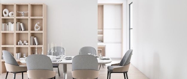 Cucina moderna interni tavolo da pranzo in marmo bianco piani disposti decorati con piatti ciotole candelieri in vetro e mobili in legno incorporati rendering 3D illustrazione 3D