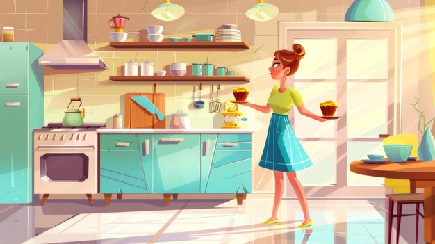 Cucina muffin in cucina Illustrazione moderna di cartoni animati di personaggi femminili che cucinano torte a casa Arredi da cucina di legno e vetro blu sullo scaffale La luce del giorno che entra dalla finestra