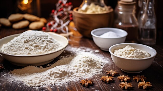Cucina preparazione cucina latte farina natura morta tradizionale cibo di Natale atmosfera di vacanza legno
