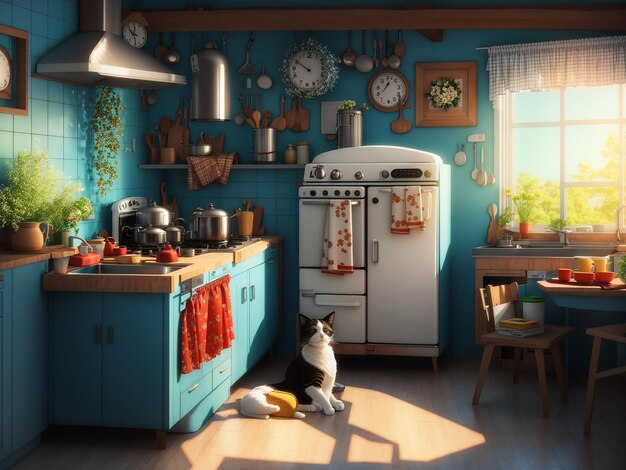 Cucina retro in un cottage con gatto addormentato 3D RENDERING Generative Ai