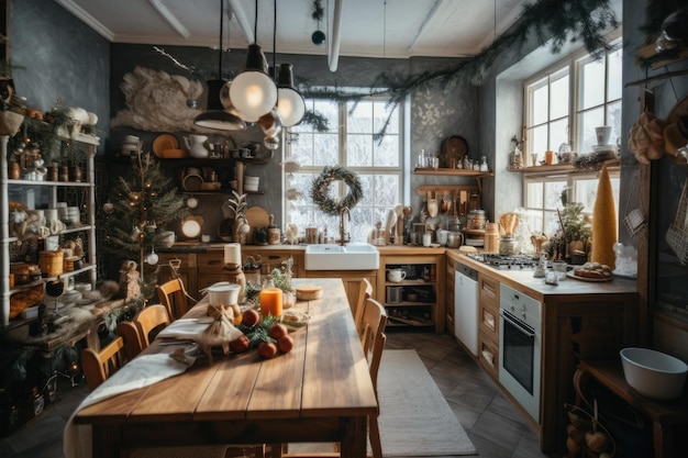 Cucina rustica con mobili e decori in legno IA generativa