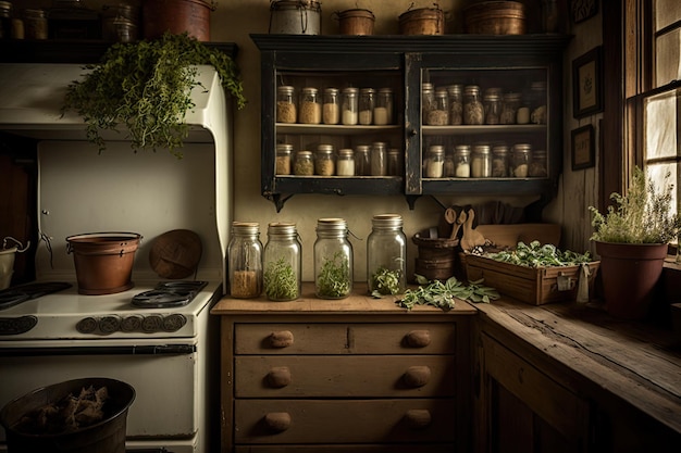 Cucina rustica con mobili rustici in legno, elettrodomestici vintage e barattoli di erbe aromatiche nostrane