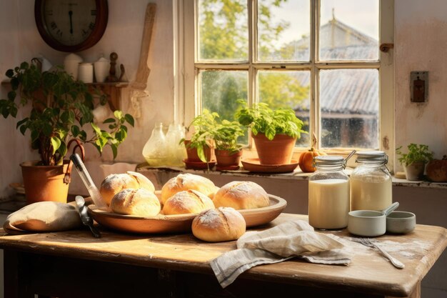 Cucina rustica illuminata dal sole con erbe fresche di pane e latte su un davanzale che riflette una tranquilla mattina di campagna