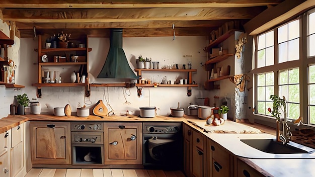 Cucina rustica in stile rustico con legno di recupero e scaffali a giorno