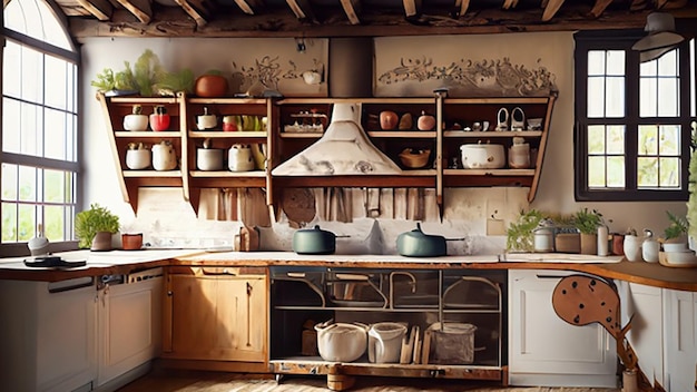 Cucina rustica in stile rustico con legno di recupero e scaffali a giorno