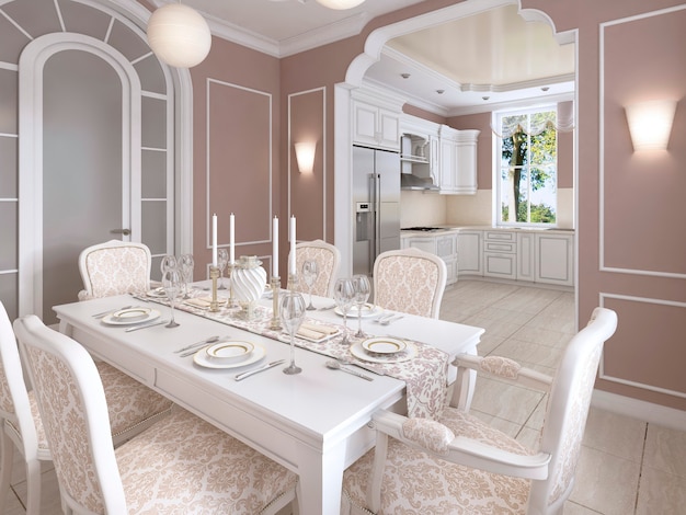 Cucina-sala da pranzo in stile classico, nei colori postel con mobili da cucina bianchi ed elettrodomestici da incasso. Rappresentazione 3D.