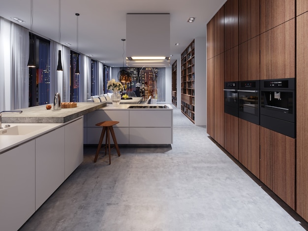 Cucina scandinava bianca alla luce della sera con decorazioni, interni dal design minimalista, rendering 3d