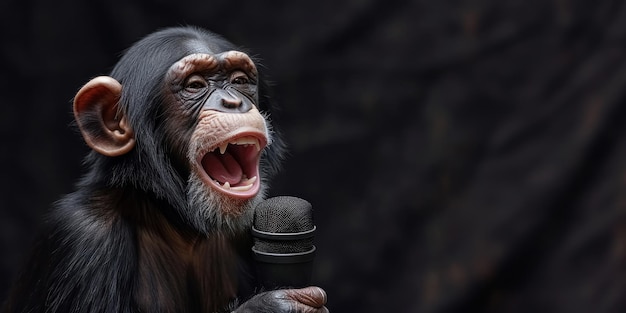 Cucina scimmia che canta una canzone al microfono al concerto sul palco Banner con sfondo nero spazio di copia