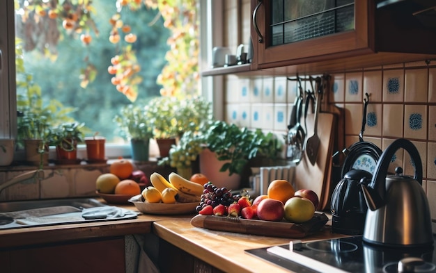 Cucina semplice con frutta fresca che incoraggia una routine mattutina incentrata sulla salute