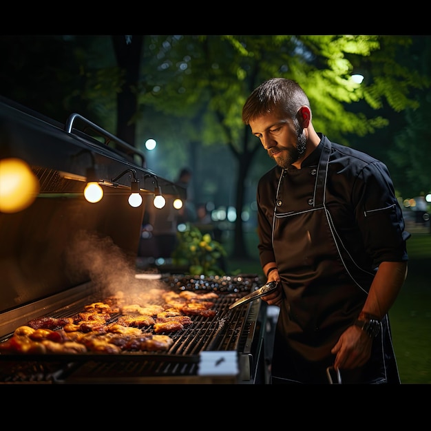 Cucina un barbecue sulla terrazza di un ristorante in una sera d'estate Immagine creata con l'AI