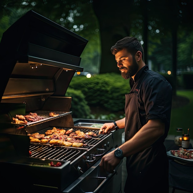 Cucina un barbecue sulla terrazza di un ristorante in una sera d'estate Immagine creata con l'AI