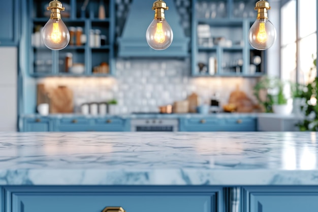 Cucina vintage blu con isola di marmo e mobili eleganti