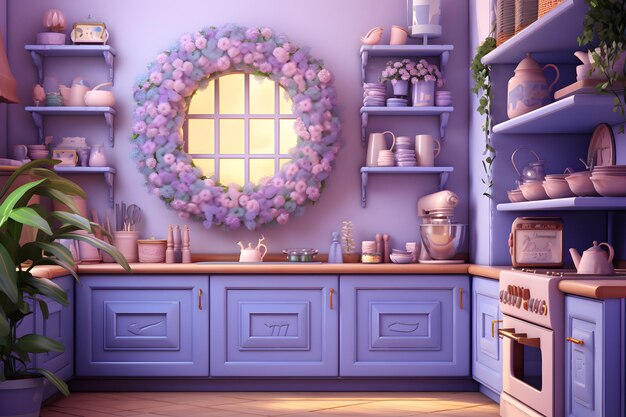 Cucina viola con una ghirlanda di fiori sulla parete AI generativa