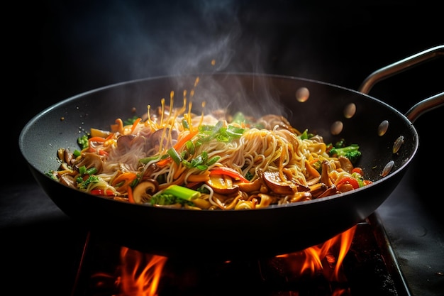 Cucina wok asiatico con tagliatelle e verdure fritte