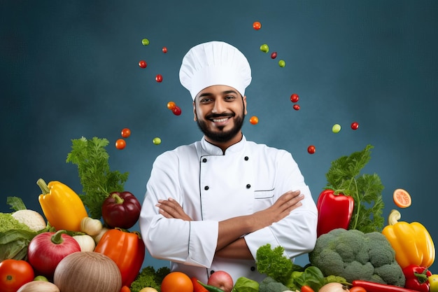 Cucinare chef professionista sorridendo alla telecamera con verdure volanti tutto intorno a lui in uno sfondo blu