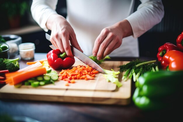 Cucinare come persona terapeutica tagliando le verdure su una tavola