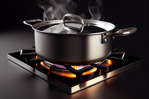 Cucinare con una casseruola di metallo sull'illustrazione del bruciatore a fuoco IA generativa