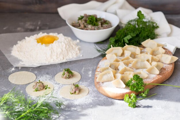 Cucinare gnocchi con carne ed erbe Pasta per ravioli su fondo grigio Preparare un pranzo