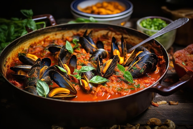 Cucinare i molluschi in una salsa di pomodoro piccante