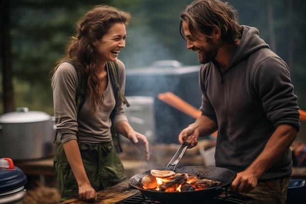 cucinare il cibo in campeggio e scherzare insieme