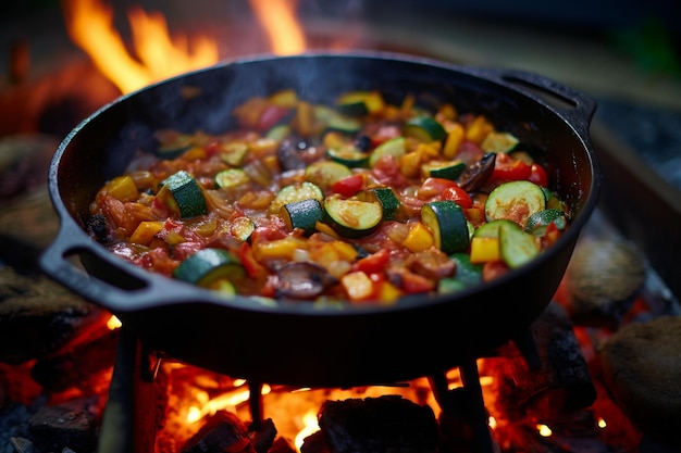 Cucinare il ratatouille in un forno olandese sopra un fuoco da campo