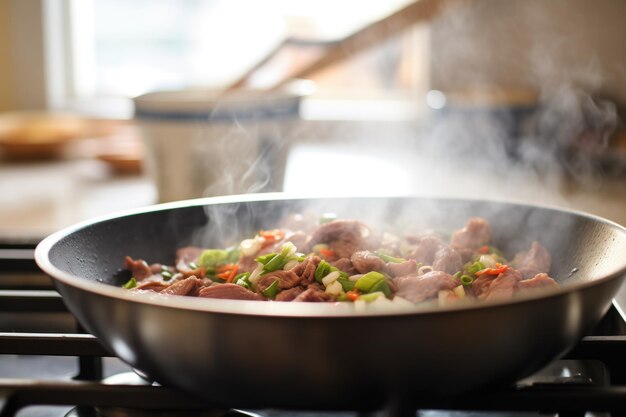 Cucinare il teriyaki di manzo in un wok con il vapore che sale
