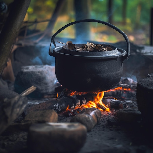 Cucinare in un calderone su un falò nella foresta