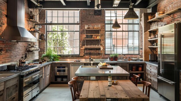 Cucine moderne e industriali con elettrodomestici moderni e una confortevole sala da pranzo