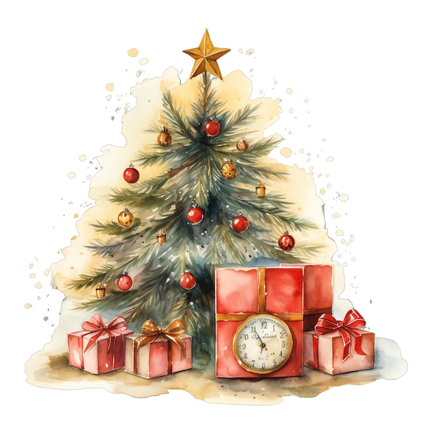 Cucino acquerello albero di Natale con regali sotto di esso illustrazione per Natale
