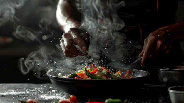 Cucino di verdure fresche Lo chef aggiunge sale a una padella bollente Grande idea di cucina per un hotel con spazio pubblicitario