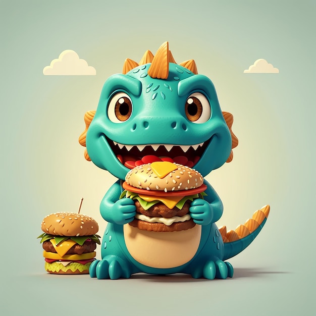 Cucino dinosauro che mangia hamburger cartone animato icona vettoriale illustrazione icona di cibo animale concetto appartamento isolato