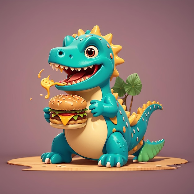 Cucino dinosauro che mangia hamburger cartone animato icona vettoriale illustrazione icona di cibo animale concetto appartamento isolato