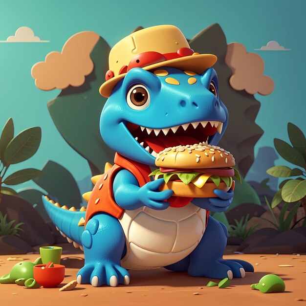 Cucino dinosauro che mangia hamburger cartone animato icona vettoriale illustrazione icona di cibo animale concetto appartamento isolato