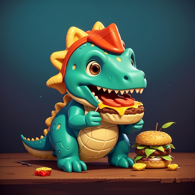 Cucino dinosauro che mangia hamburger cartone animato icona vettoriale illustrazione icona di cibo animale concetto appartamento isolato