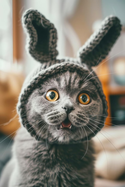 Cucino domestico sorpreso e divertente gatto con un cappello con orecchie di coniglio generato dall'AI