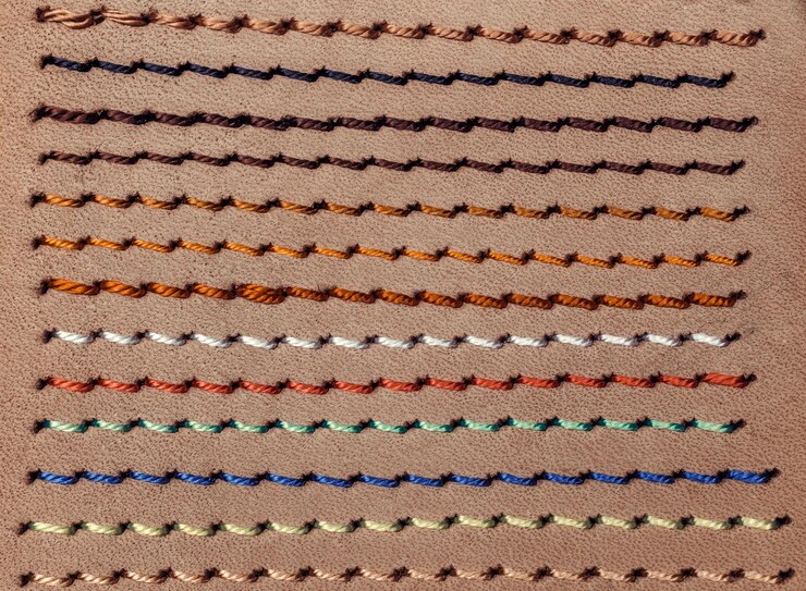 Cucire filo colorato un pezzo di pelle gialla