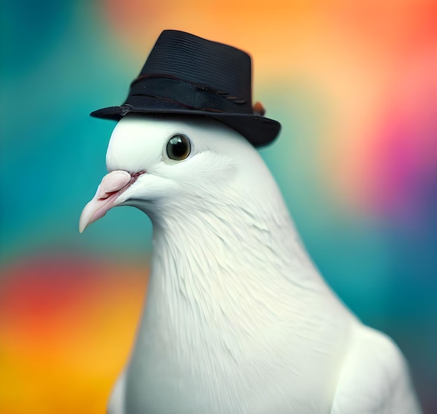 Cue piccione wihite con cappello su sfondo colorato