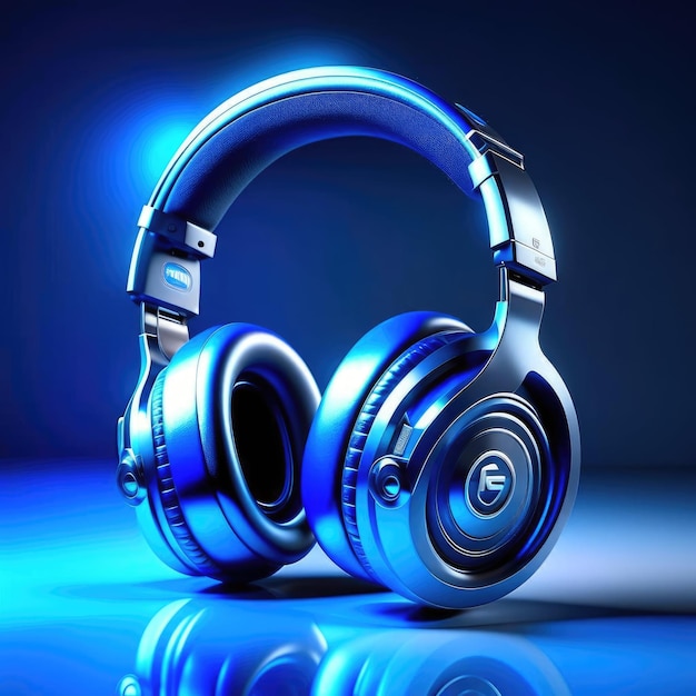 Cuffie blu su sfondo blu Illustrazione 3D concetto musicale