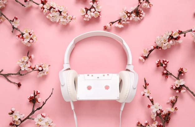 Cuffie con audiocassetta e bellissimi rami fioriti su sfondo rosa Concetto musicale primaverile Vista dall'alto piatta
