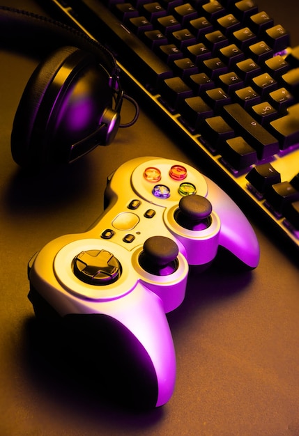 Cuffie di controllo della console di gioco e tastiera del computer su sfondo illuminato multicolore Giornata internazionale dei videogiochi Esport di videogiochi