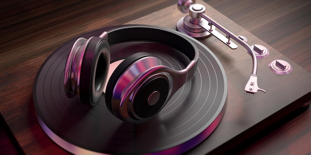 Cuffie e giradischi LP in vinile su sfondo di legno vista in primo piano 3d'illustrazione