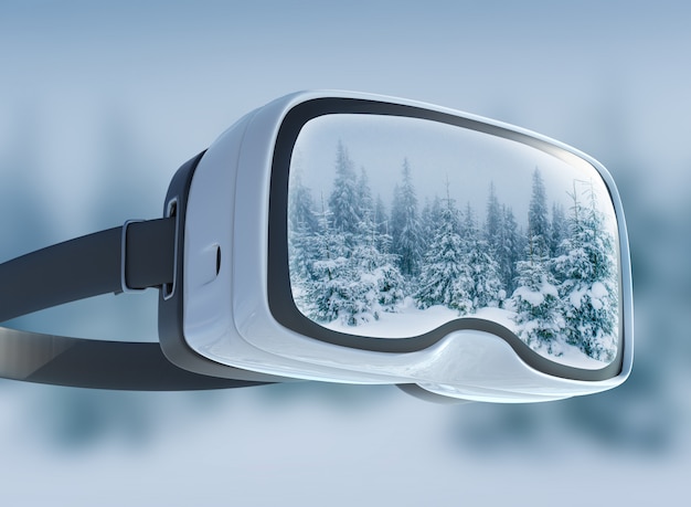 Cuffie per realtà virtuale, doppia esposizione. Misterioso paesaggio invernale maestose montagne