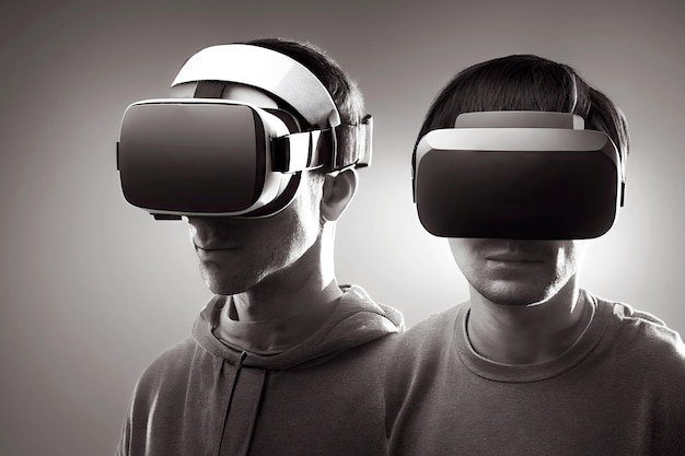 Cuffie VR per l'intrattenimento di due giovani con occhiali per realtà aumentata