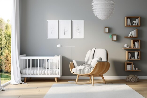 Culla minimalista in una cameretta per bambini in stile scandinavo che mostra semplicità ed eleganza