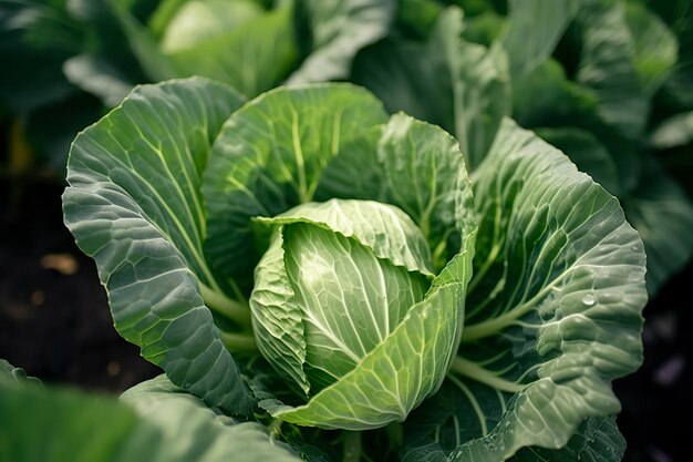 Cultivo del cavolo in un giardino urbano Foglie e testa del cavolo da vicino AI generativa