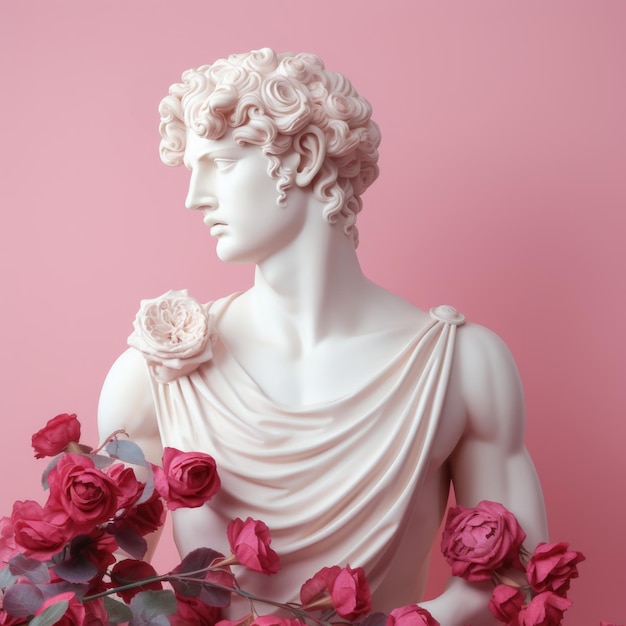 Cultura greca di Apollo con rose rosse su uno sfondo pastello rosa