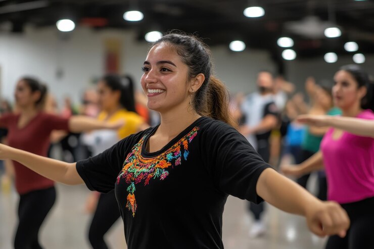 Cultural Dance Workshop Participants learning traditional Hispanic dances in a studio with a focus