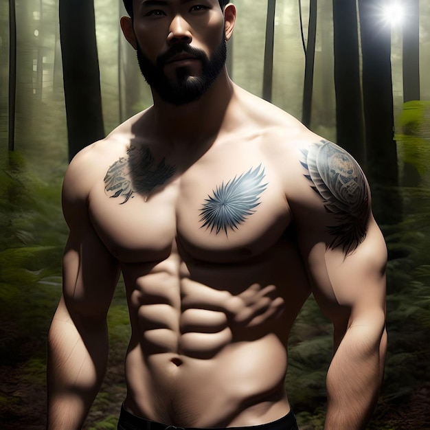 Culturista del muscolo con i tatuaggi nell'illustrazione della foresta